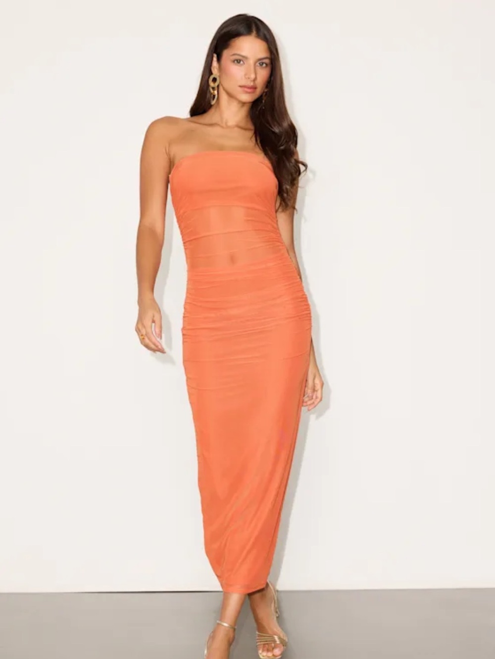 Lulus Utterly Attractive Orange Mesh Ruched Strapless Midi Dress - Picture 1 of 5